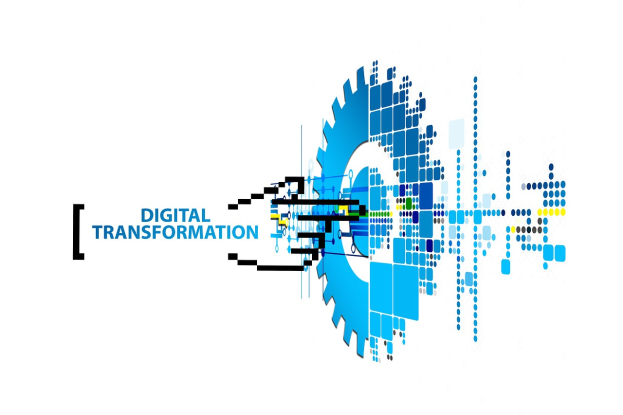 Ein digitales Transformationslogo mit dem Text "Digital Transformation" in der Mitte, das blaue, schwarze und gelbe Punkte auf einem weißen Hintergrund zeigt.