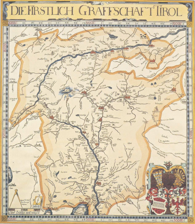Ein detailliertes historisches Poster der ersten deutschen Grafschaft Tirol mit einer Karte, die geografische Merkmale wie Flüsse, Berge und Städte zeigt, sowie begleitenden Text.