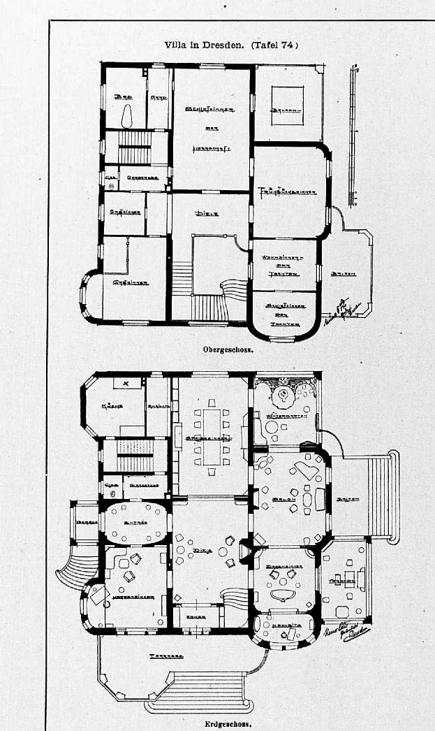 Ein Schwarz-Weiß-Bodenplan-Zeichnung eines Hauses mit mehreren Räumen, die mit Details über die Raumanzahl und -größen beschriftet sind, die als Villa in Dresden, Deutschland, identifiziert werden.