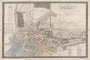 Detailierte alte Karte von Weimar, Deutschland, zeigt Straßen, Gebäude und Sehenswürdigkeiten mit zusätzlichem Text über die Stadt.