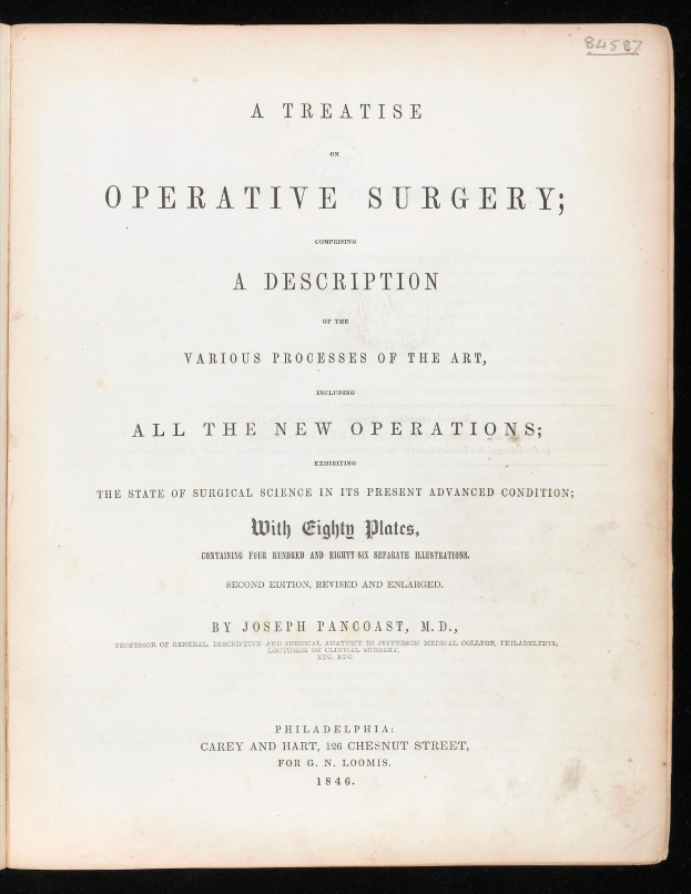 An open book titled "A Treatise on Operative Surgery: A Description of Various Processes of the Art, All the New Operations" on a dark background.