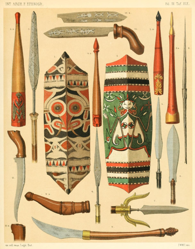 Ein Blatt Papier mit verschiedenen Waffen wie Messern und anderen Gegenständen, auf dem Text steht.