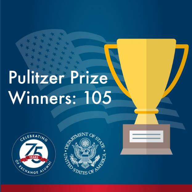 Ein Plakat mit einem zentralen Becher-Symbol umgeben von Text und Logos, wobei der Text "Pulitzer-Preis-Gewinner 105" lautet.