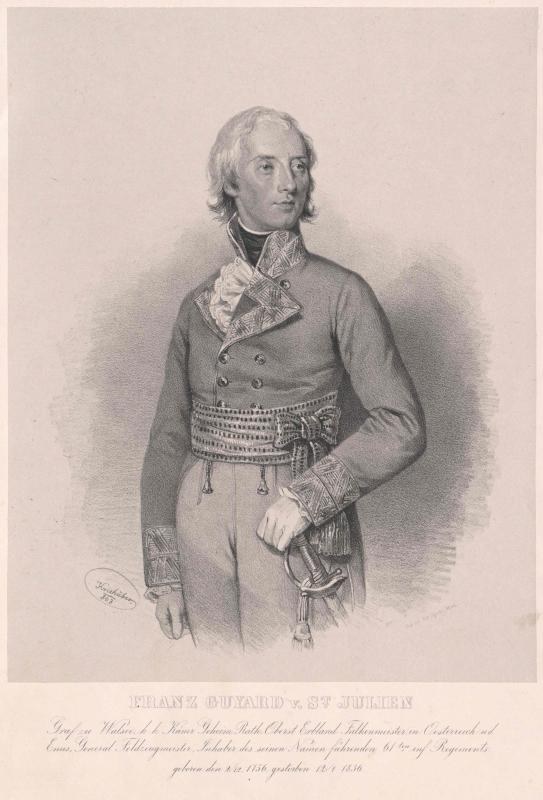 Drawing of Franz Guyaard, identified as the King of the Netherlands, in military uniform holding a sword, with text at the bottom reading "Franz Guyaards, King of Belgium".