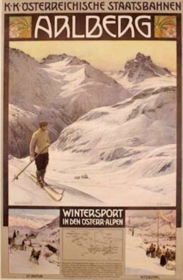 Ein Plakat, das einen Wintersport in den österreichischen Alpen bewirbt, zeigt eine Person auf Skiern umgeben von Bildern anderer Menschen und Bergen mit Text.