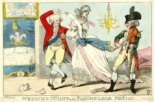 Eine Karikatur eines Mannes und einer Frau, die auf einer Hochzeit tanzen, beleuchtet von einem Kronleuchter, mit einem Bett, einem Rahmen an der Wand und verschiedenen Gegenständen auf dem Boden, und einem Text unten, der "Hochzeitsnacht oder das Modevergnügen" lautet.