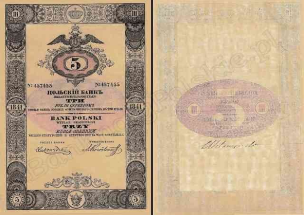 Old 1841 Bank of Poland 5 Trzy banknote featuring a man's portrait within a decorative border.