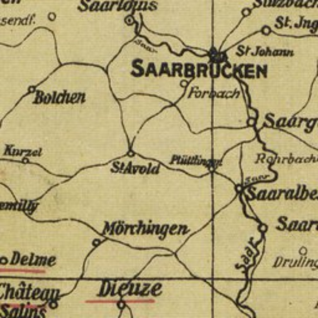 Ein detailliertes altes Stadtplan von Saarbrücken, Deutschland, mit Straßen, Gebäuden und Sehenswürdigkeiten, mit klassischer Schrift, die den Standort der Stadt angibt.