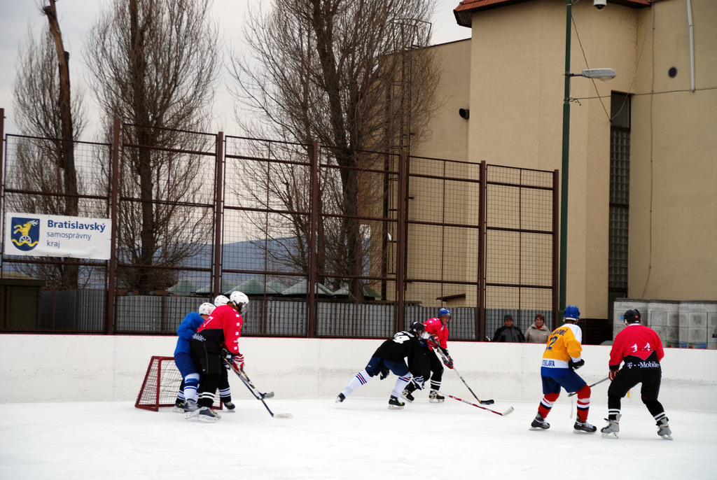 Menschen, die Eis-hockey auf einem Eisplatz mit Gebäuden, Bäumen, einer Straßenlaterne, einem Namensschild und Zäunen im Hintergrund und einem Himmel spielen.