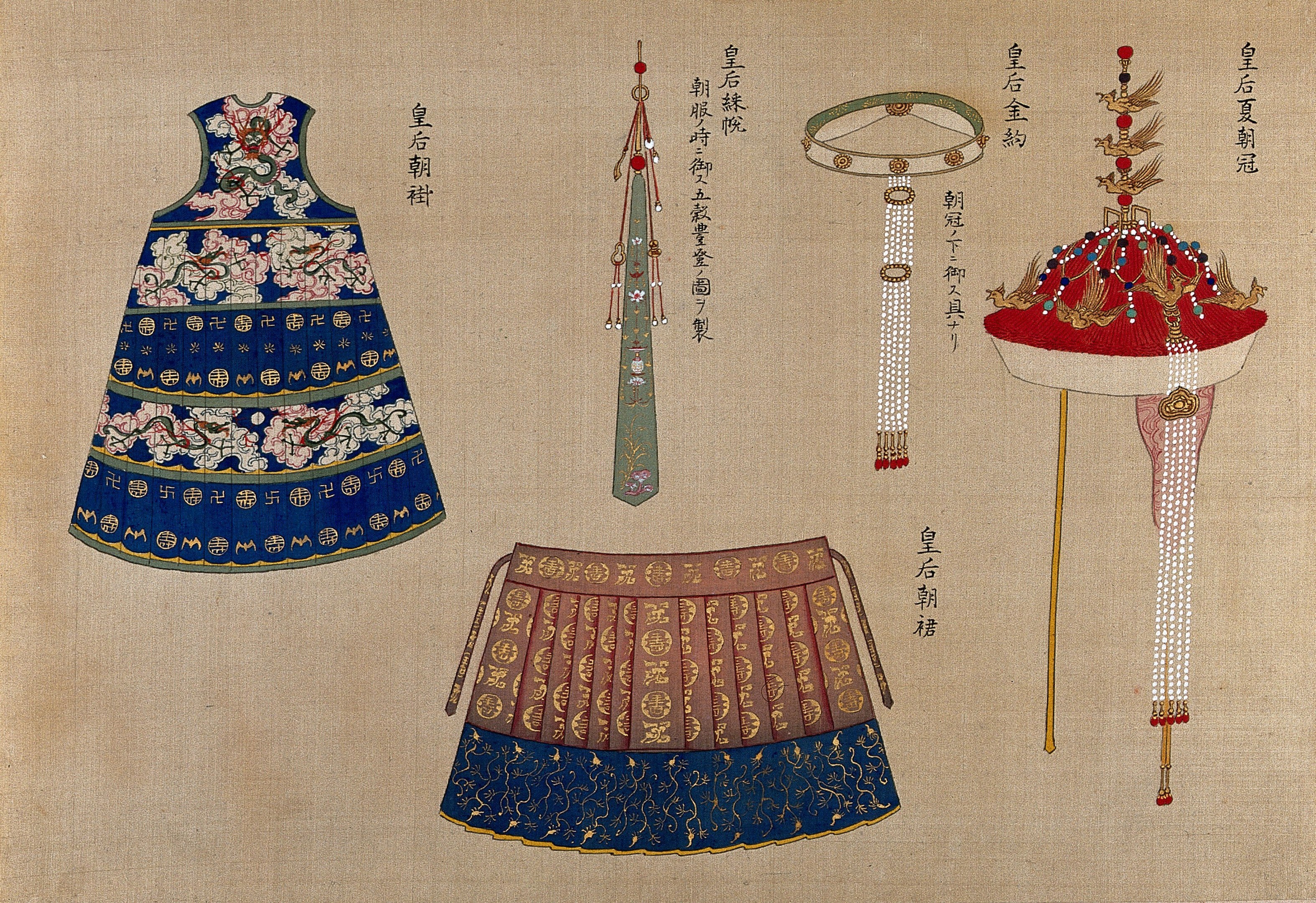 Gemälde eines Kleides einer Frau aus der Qing-Dynastie mit detaillierten Mustern und leuchtenden Farben, das zusammen mit symmetrischen Accessoires und begleitendem Text angezeigt wird.