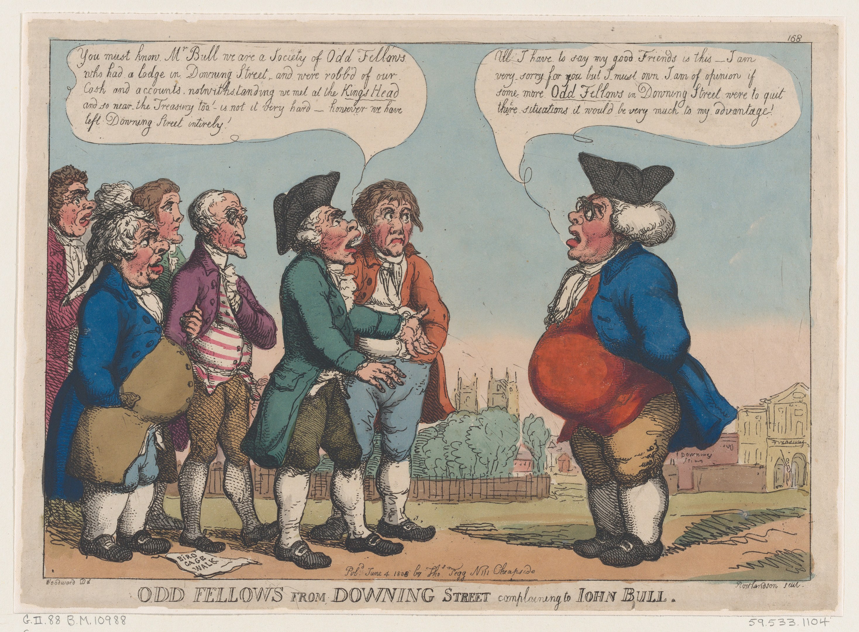 Cartoon illustration of people in front of a building with trees and sky, titled "odd fellows from downing street complaining to John Bull."