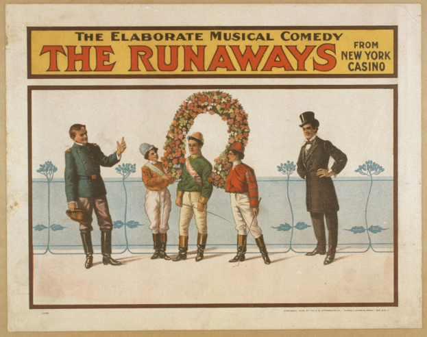 Plakat für "Elaborate Musical Comedy Runaways from New York Casino" mit einer Gruppe von Menschen in einer Reihe, wobei einer einen Blumenstrauß hält und Text, der die Show beschreibt.