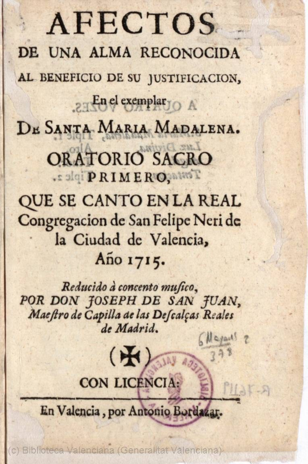 Altes spanisches Dokument mit dem Titel "Afectos de una Alma Reconocida" über den Tod von Santa Maria Madalena, mit einem Stempel und handgeschriebenem Text.