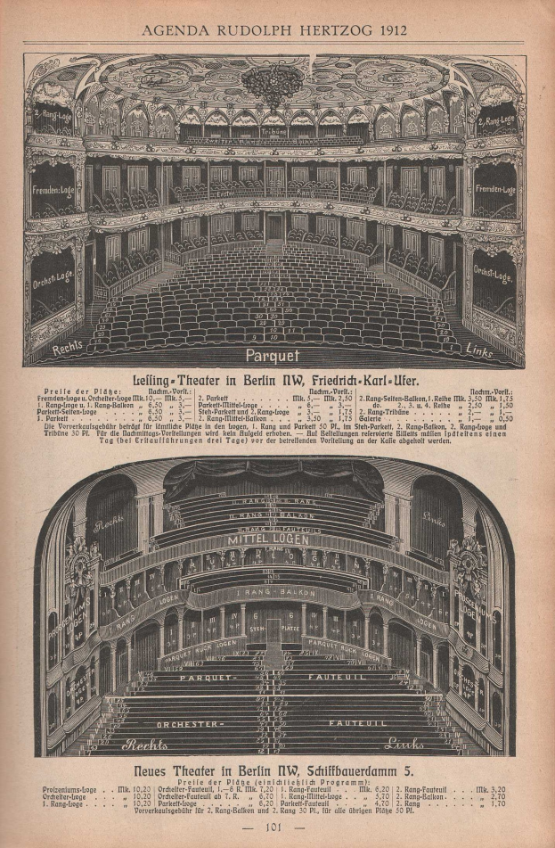 Schwarz-weiß-Illustration einer alten Buchseite mit einer großen Auditoriumszeichnung in Berlin, Deutschland, aus dem Jahr 1912, mit begleitendem Text, der das Layout des Theaters beschreibt.