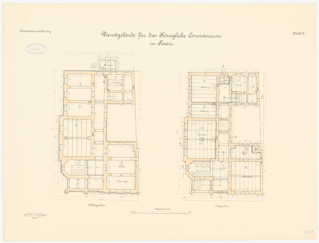 Black and white architectural floor plan of a large building with numerous labeled rooms, titled "Konigliche Constitucium in Sozen," accompanied by handwritten text describing the layout.