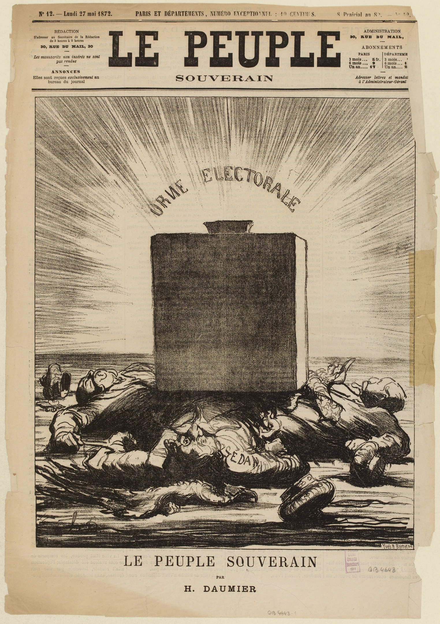 A paper drawing depicting a group of distressed people lying on the ground around a central box, with the text "Le Peuple Souverain" repeated at the top and bottom.