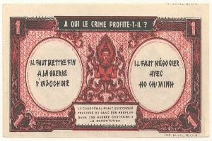 Alte französische Banknote mit ernst dreinschauendem Mann in Anzug, Text "A qui le crime profite-il?" und schwarzem Rand auf weißem Hintergrund.