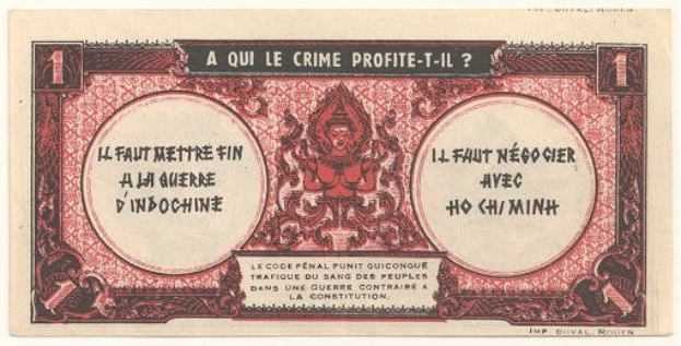 Alte französische Banknote mit ernst dreinschauendem Mann in Anzug, Text "A qui le crime profite-il?" und schwarzem Rand auf weißem Hintergrund.