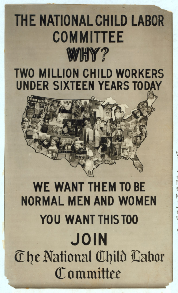 Plakat mit der Aufschrift "Das Nationale Komitee zur Bekämpfung der Kinderarbeit: Warum? Zweieinhalb Millionen Kinderarbeiter unter sechzehn Jahren heute" mit einer USA-Karte und mehreren menschlichen Figuren, die Komiteemitglieder darstellen.