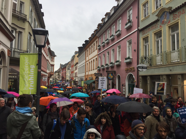 Große Gruppe von Menschen, die während einer Klimademonstration in Deutschland die Straße entlanggehen, viele mit Schirmen und Schildern, mit Gebäuden und einem Lichtmast im Hintergrund.