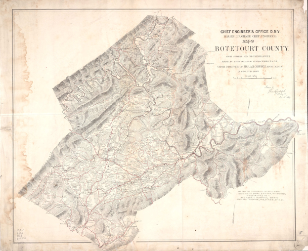 Detailed old map of Botetourt County, Virginia, showing roads, highways, and geographic features with accompanying text about population and location.