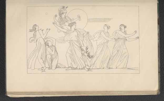 Ein Buchumschlag mit einer leuchtenden Illustration einer Gruppe von Frauen, die energisch und synchron tanzen, mit detaillierter Kleidung und Gesichtsmerkmalen.