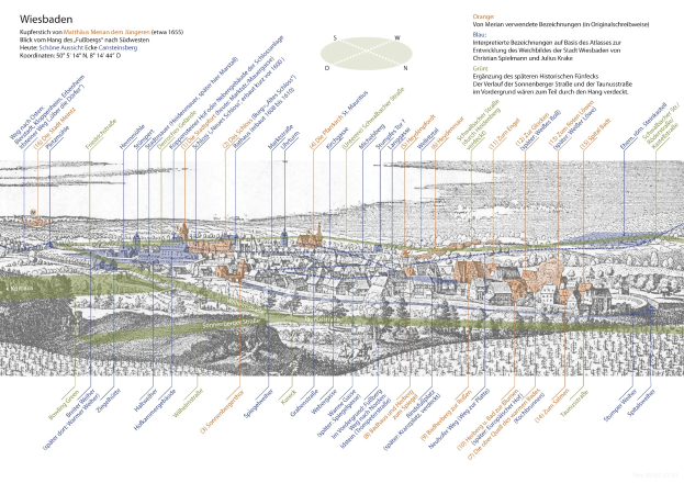 Ein detaillierter Stadtplan von Wiesbaden, Deutschland, mit historischen Textanmerkungen, der farbcodierte Regionen für umliegende Städte und Gemeinden zeigt.