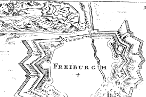 Black and white map of Freiburg, Germany, showing streets, buildings, and landmarks.