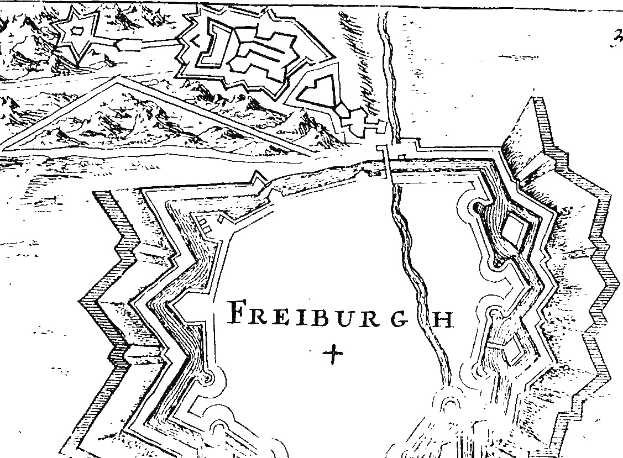 Black and white map of Freiburg, Germany, showing streets, buildings, and landmarks.