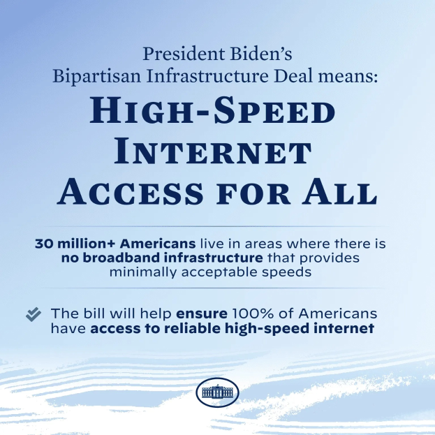 Ein Plakat mit fetter, schwarzer Schrift auf einem weißen Hintergrund, das "Präsident Bidens bipartitanes Infrastrukturabkommen bedeutet High-Speed-Internet-Zugang für alle." lautet.