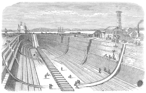 Schwarz-weiß-Zeichnung einer großen Talsperre mit Menschen darauf, umgeben von Gebäuden, Bäumen und einem bewölkten Himmel, mit Text unten lesend "Wasserwerke in den Vereinigten Staaten".