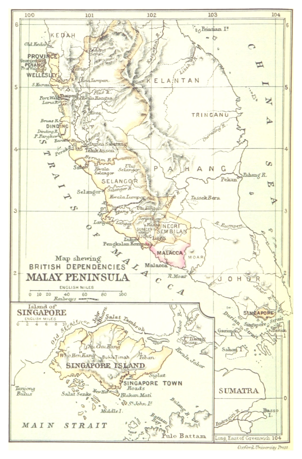 A poster map of Malaysia with British Empire territories highlighted, showing provinces, cities, capitals, and geographical features.