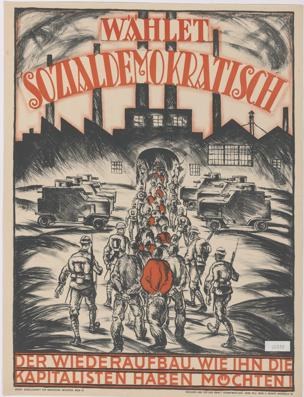 Deutsches Propagandaplakat für die Nazi-Partei der Sowjetunion, das Personen und Fahrzeuge im Vordergrund und ein Gebäude im Hintergrund zeigt, mit der Aufschrift 'Wahlet Sozialdemokratisch - der Wiederaufbau wiehn die kapitalisten haben mochten'.