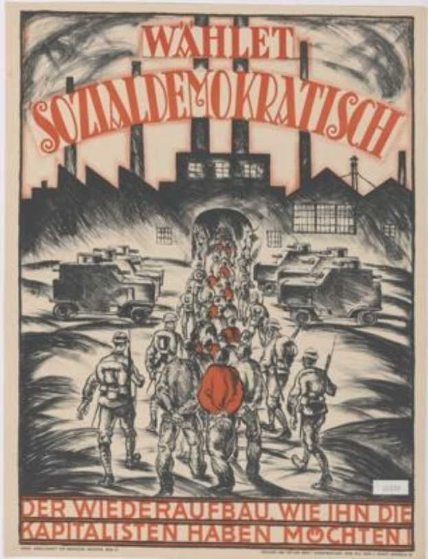 Deutsches Propagandaplakat für die Nazi-Partei der Sowjetunion, das Personen und Fahrzeuge im Vordergrund und ein Gebäude im Hintergrund zeigt, mit der Aufschrift 'Wahlet Sozialdemokratisch - der Wiederaufbau wiehn die kapitalisten haben mochten'.