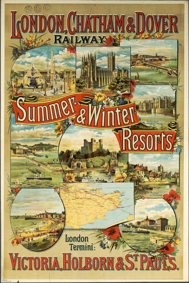 Plakat, das die Sommer- und Winterresorts der London, Chatham and Dover Railway bewirbt und Bilder von Gebäuden, Bäumen, Blumen, einer Karte und beschreibendem Text zeigt.