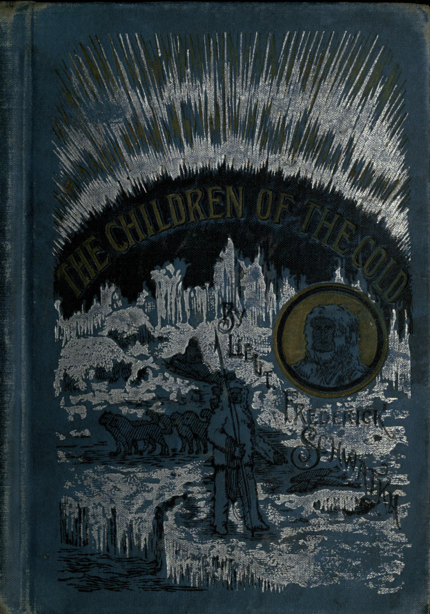 Ein Buch mit dem Titel "Die Kinder der Kälte" mit einem tiefblauen Cover, das eine weiße Silhouette einer Person in einem langen Mantel und Hut zeigt, die Arme ausgebreitet, vor einem sternenklaren Nachthimmel.