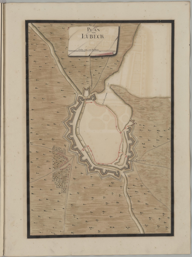 Ein altes Buch mit einer detaillierten Karte von Lübeck, das Straßen, Gebäude, Sehenswürdigkeiten und Text über die Bevölkerung, Geschichte und Kultur der Stadt zeigt.