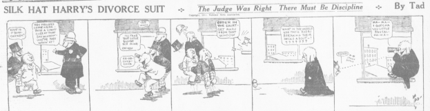 Cartoon-Illustration eines Mannes in einem schwarzen Anzug mit weißem Hemd und schwarzer Krawatte sowie einer Frau in einem eleganten Kleid mit schwarzer Stola, beide mit ernsten Gesichtern, beschriftet mit "Scheidungsklage."