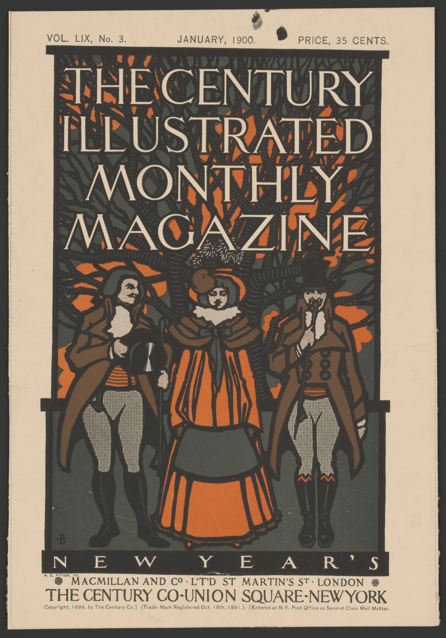 Schwarzer Plakat für 'The Century Illustrated Monthly Magazine, Januar 1900' mit einem dekorativen Rahmen, das mehrere Personen in historischer Kleidung zeigt.