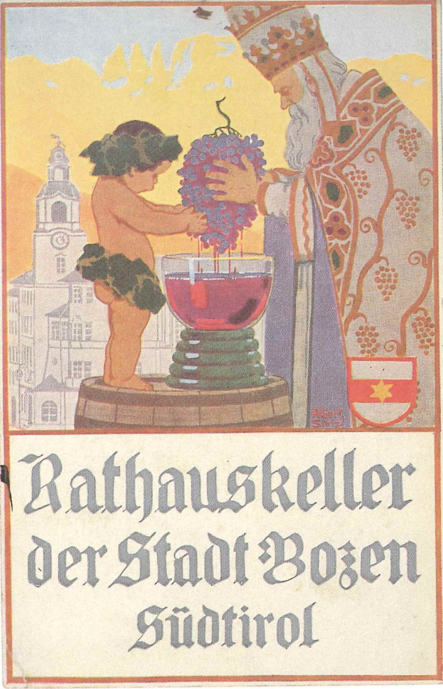 Poster for Rathauskeller der Stadt Bozen Südtirol featuring a person holding grapes and a child in front of a building with text.