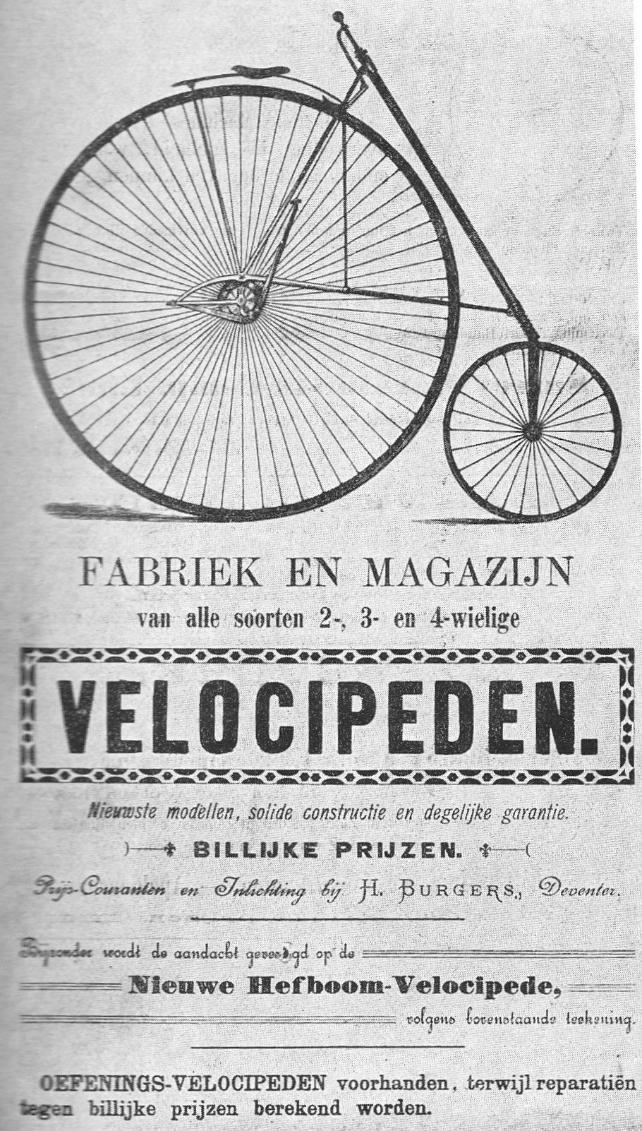 Advertisement poster for a velocipede, an early bicycle with a large central wheel, featuring descriptive text.