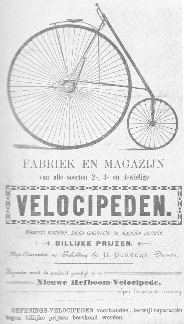 Advertisement poster for a velocipede, an early bicycle with a large central wheel, featuring descriptive text.