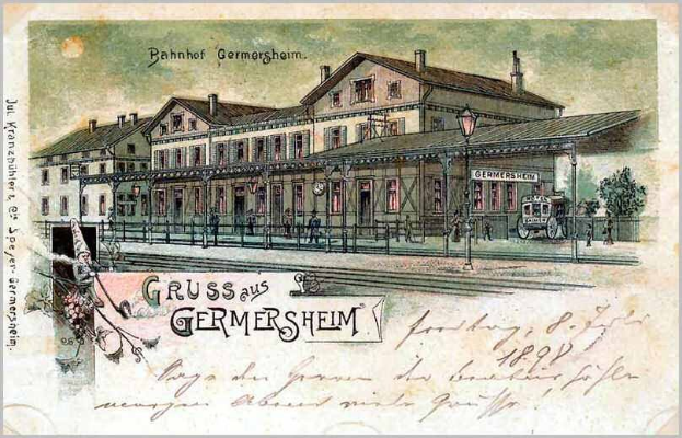 Alte Ansichtskarte mit dem Titel "Bahnhof Germersheim", die einen deutschen Bahnhof zeigt.