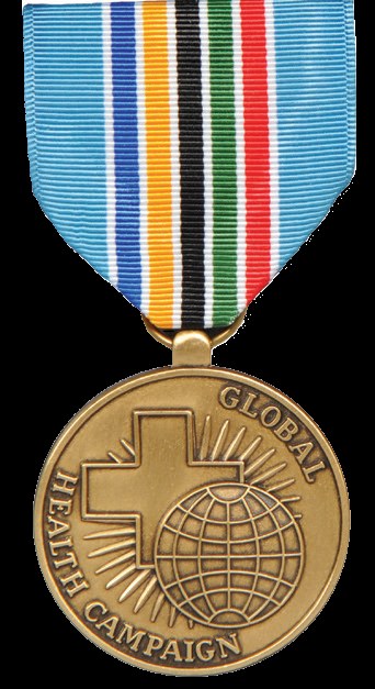 Gold medal with a cross design, inscribed "Global Health Campaign," surrounded by colorful ribbons.