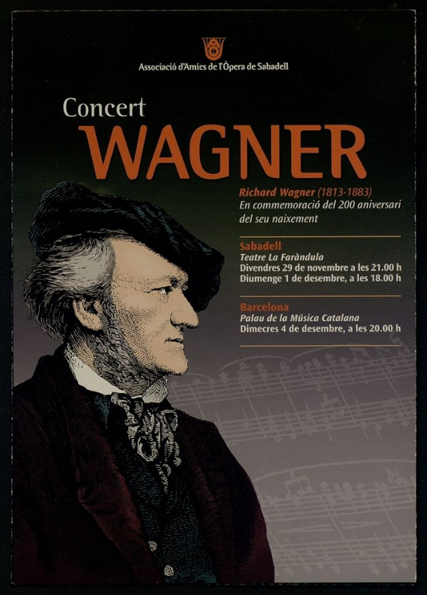 Plakat für ein Konzert mit einem Porträt von Richard Wagner in einem schwarzen Anzug mit zurückgekämmtem Haar, ernstem Gesichtsausdruck und hellblauem Hintergrund mit fetter schwarzer Schrift.