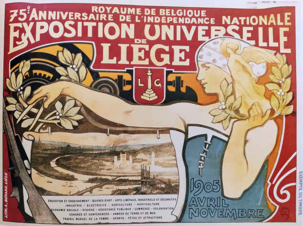 Plakat zum 75-jährigen Jubiläum der Nationalen Ausstellung Universelle de Liège, das eine Frau mit einem Blumenstraßus zeigt und Text mit Veranstaltungseinzelheiten.