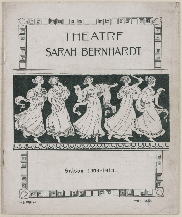 Plakat für das Theatre Sarah Bernhardt von 1909-1910, das eine Gruppe von Frauen in der Mitte zeigt und Text beschreibt, der das Theater und seine Schauspieler beschreibt.