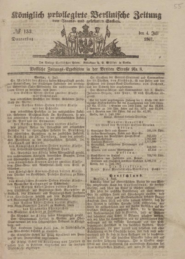 Ein altes Buch mit einem Schwarz-Weiß-Bild eines Mannes in Anzug und Krawatte, das den Text 'Deutsches Patent Nr. 153, Nr. 4, 4. Juli 1867' und ein Logo oben zeigt.