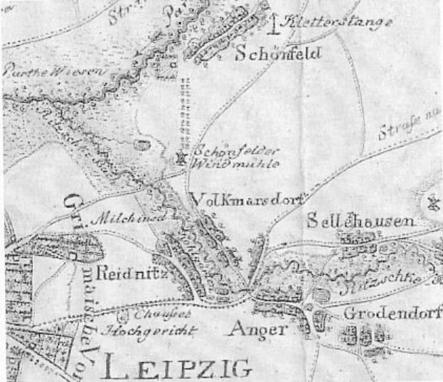 Detailreiche alte Karte von Leipzig, Deutschland, zeigt Straßen, Gebäude und Sehenswürdigkeiten mit begleitendem Text über Bevölkerung, Straßen und bemerkenswerte Orte.