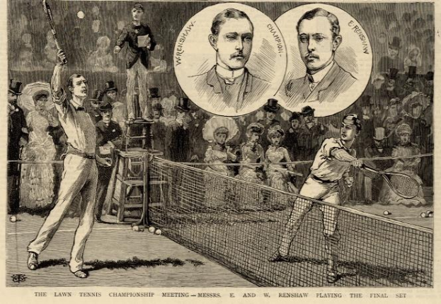 Schwarze und weiße Zeichnung von zwei Männern, die Tennis in einem Endspiel spielen, mit Zuschauern im Hintergrund und Text unten, der lautet: "The Lawn Tennis Championship Meeting - Messers, E und W Renshaw spielen das entscheidende Spiel."